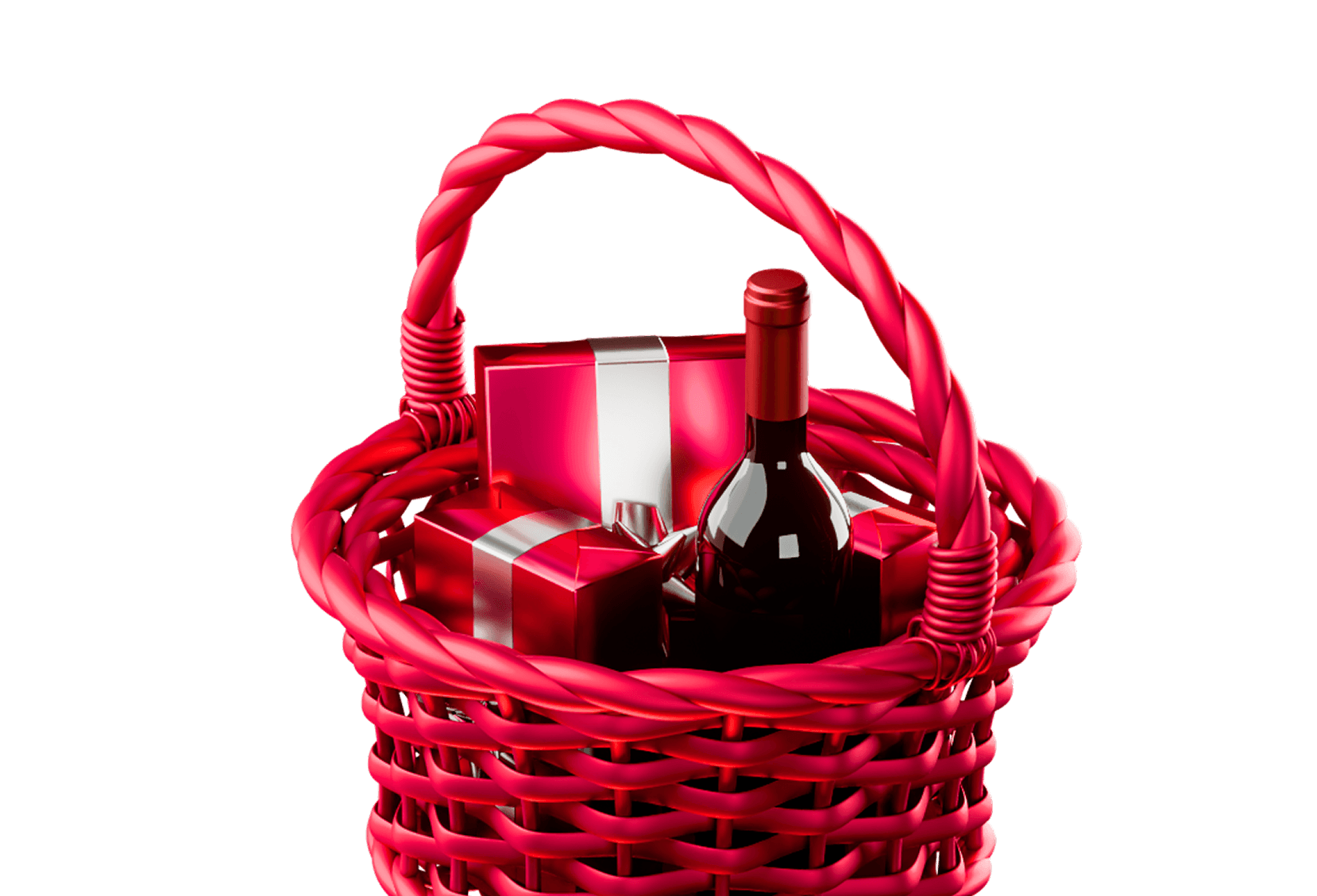 Gift basket with wine and wrapped presents