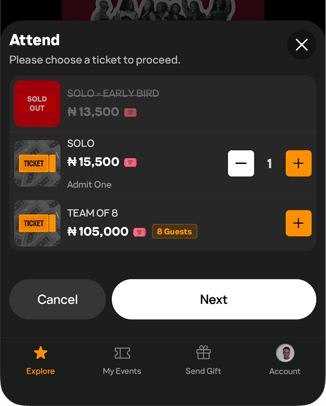 PartyVerse mobile ticket tiers and pricing