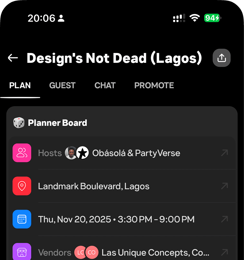 Partyverse planner board with event details