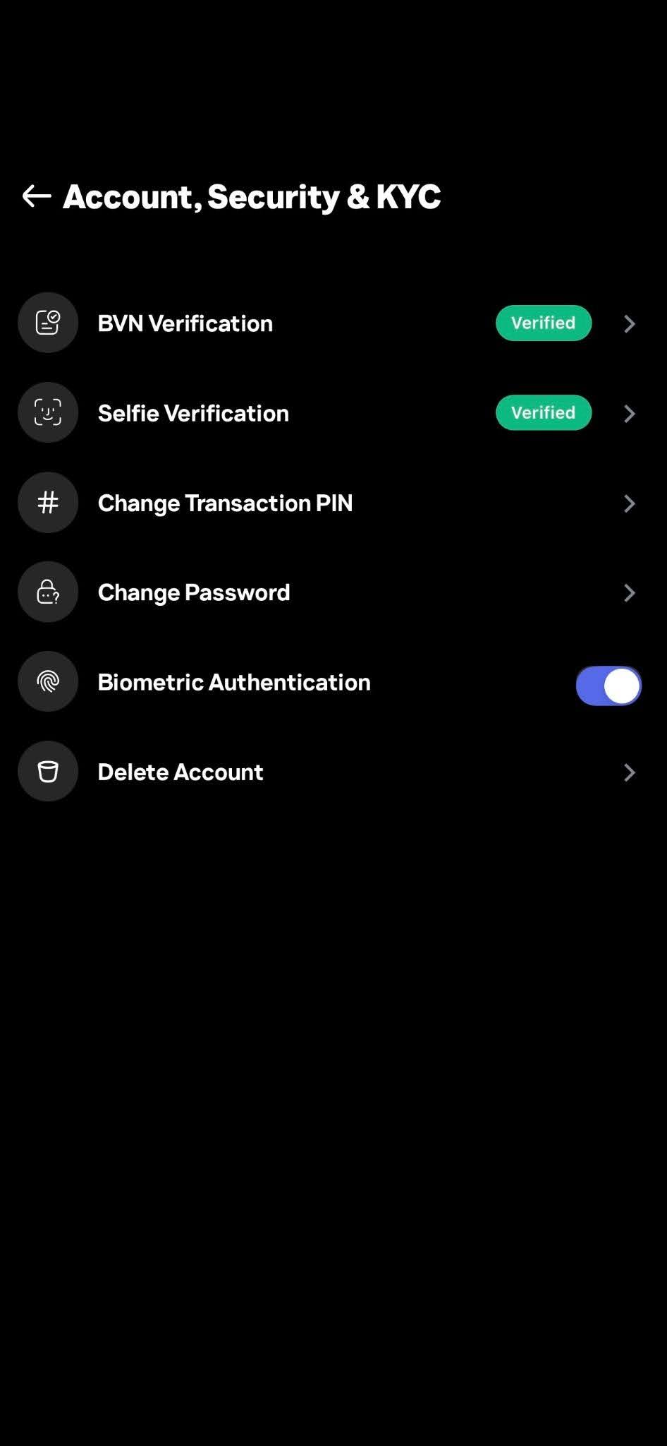 Account Security and KYC verification screens